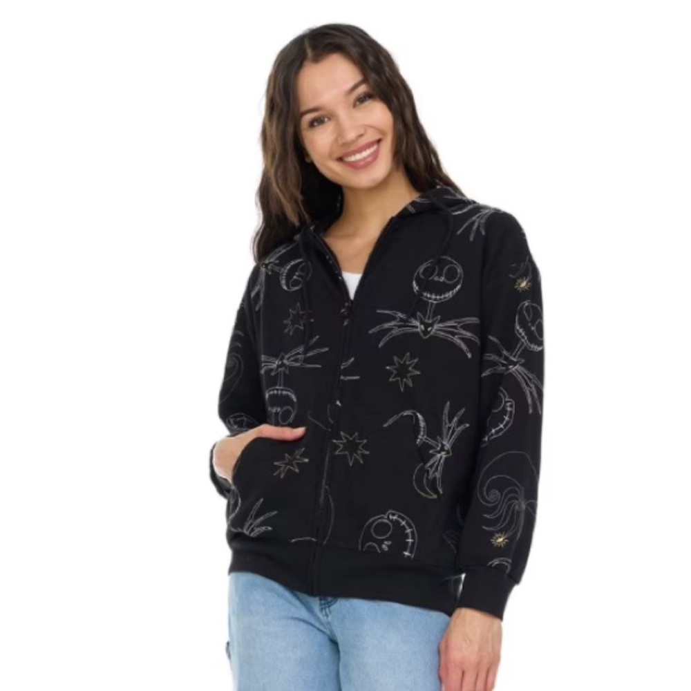 Black Graphic Zip-Up Hoodie with Celestial Line Art